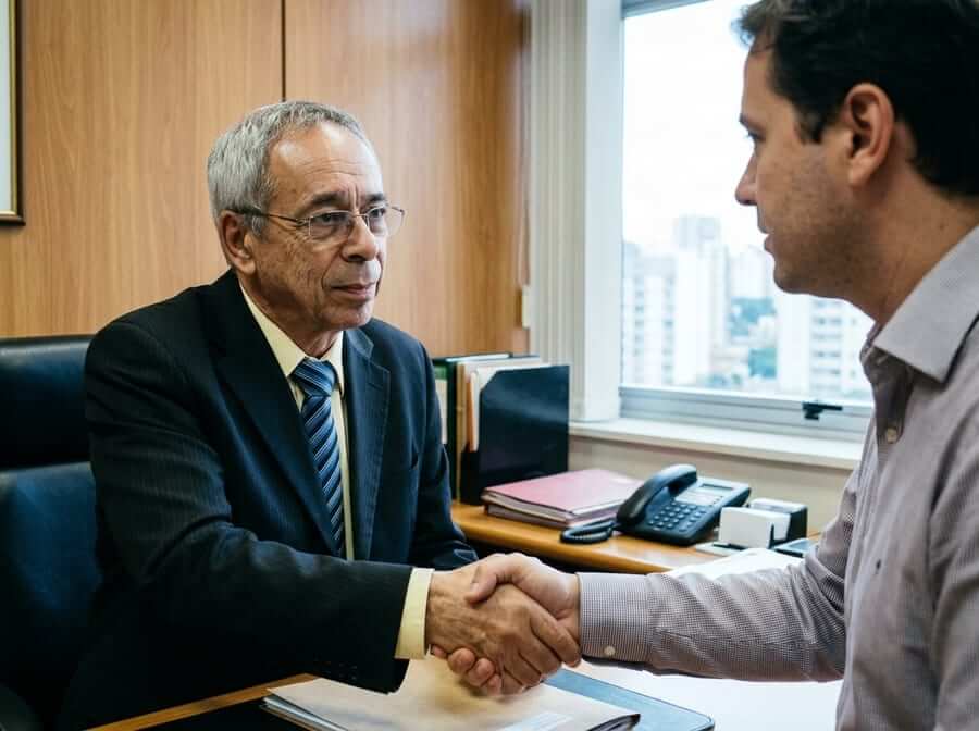 Sócios da agência cumprimentando cliente durante atendimento reservado